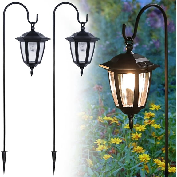 2 Pack Solar Hanging Lights Outdoor Powered Garden Decorative Lanterns with x 38 Inch Shepherd Hooks Waterproof Landscape Lighting for Lawn Patio Yard Pathway Driveway Warm White