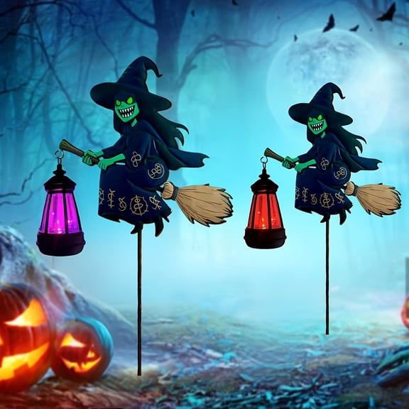 2-Pack Solar Hanging Witch with Broom Lights - IP44 Waterproof Indoor/Outdoor Halloween Decor for Yard, Garden, and Party Props