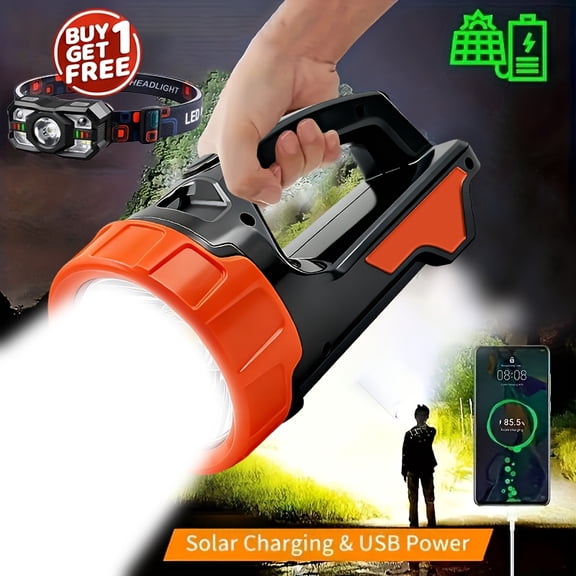 2 Pack Solar LED Flashlight, BOGO Free, COB Side Light USB Rechargeable Searchlight with Power Display & Adjustable Shoulder Strap, Multifunctional Portable Emergency Lantern for Camping and Hiking