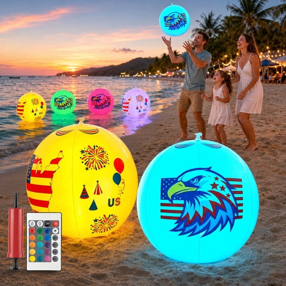 2 Pack Solar Lights Outdoor LED Floating Pool 16” Inflatable Color Changing Glow Balls with Remote 3-in-1 IP68 Waterproof Solar Pool Lawn Hanging Garden Lights for Backyard Patriotic Decor