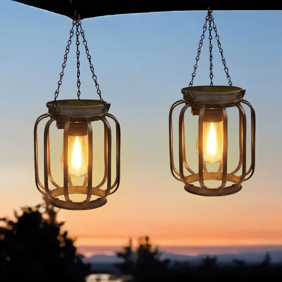 2 Pack Solar LED Hanging Cage Lantern, Waterproof Outdoor Light for Yard Porch