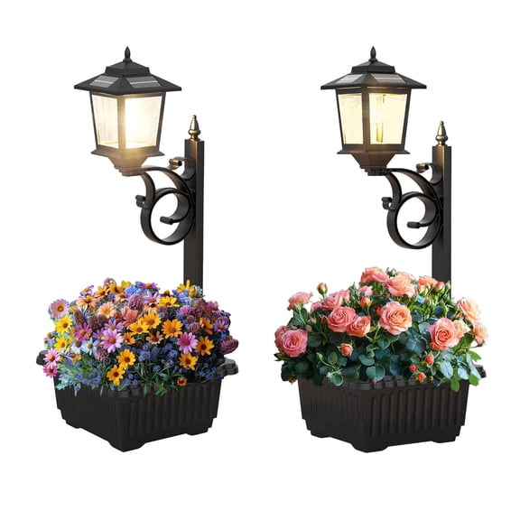 2 Pack Solar Lamp Post Light with Planter, 2 In1 Wall Mount or Freestanding Solar Light Flower Pot,  3000K Waterproof Decorative Lamp for Lawn, Patio, Front/Back Door