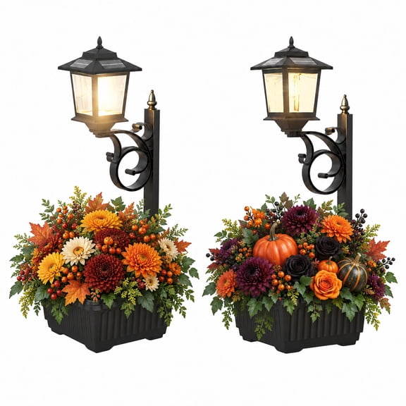 DERAYSION 2 Pack Solar Lamp Post Light with Planter, 2 In1 Wall Mount or Freestanding Solar Light Flower Pot, 3000K Waterproof Decorative Lamp for Lawn, Patio, Front/Back Door