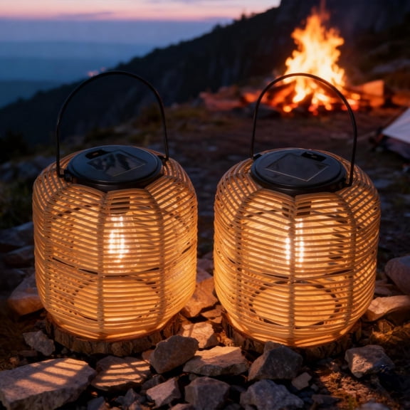 2 Pack Solar Lantern Hanging Waterproof Outdoor Handmade Solar Lamp with Plastic Rattan Octagon Decoration for Garden Yard Patio Porch Trees Lawn Pathway Decor