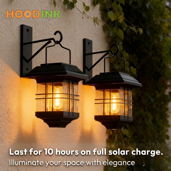 2 Pack Solar Lantern Outdoor Lights, Vintage Style Hanging Waterproof Lantern Lights with Wall Mount Kit for Garden, Porch, Fence, Camping Warm Lighting Solution