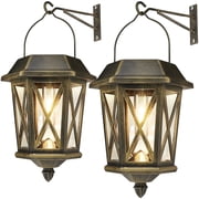 2 Pack Solar Lantern Outdoor Waterproof, Metal Solar Lights Outdoor with Clear Glass, LED Solar Powered Lights Wall Mount for Yard Garden Wall Outdoor - Bronze