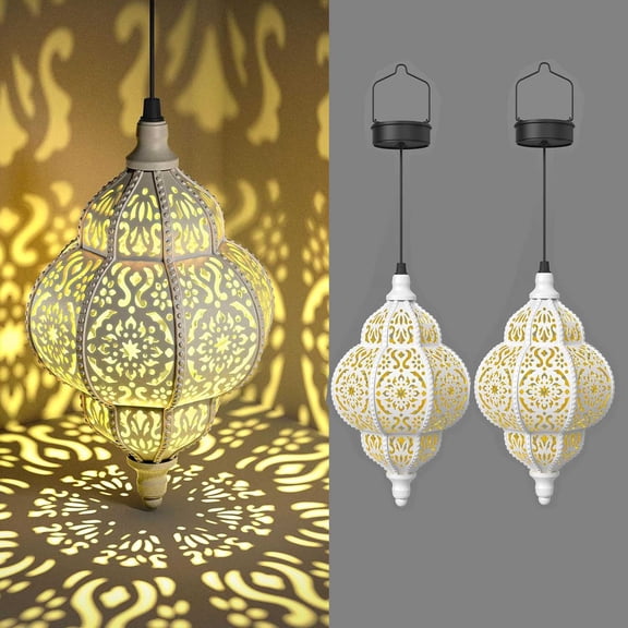 2 Pack Solar Lanterns, Multicolor Large Round Moroccan Style Outdoor Hanging Lights with Cut-Out Design, for Garden, Patio, Pathway, Halloween and Christmas Decor