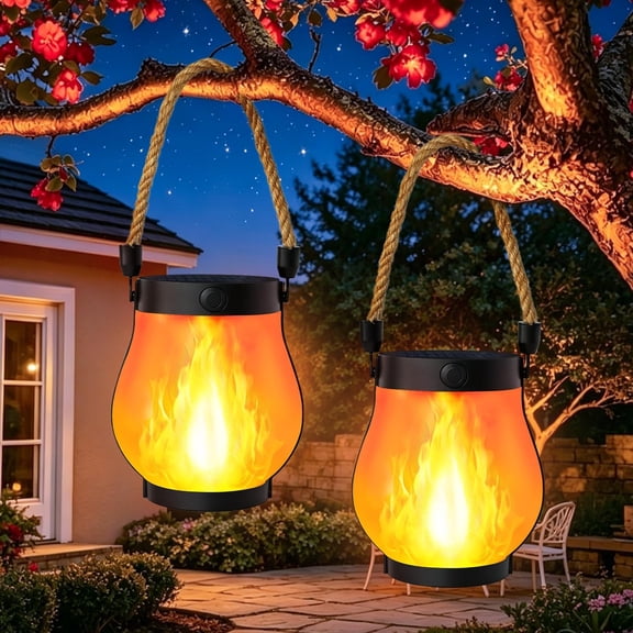 2 Pack Solar Lanterns Outdoor Waterproof, Gen2 Flickering Flame Lanterns with 2 Modes, Dual Charging (USB/Solar) WWSOGQH