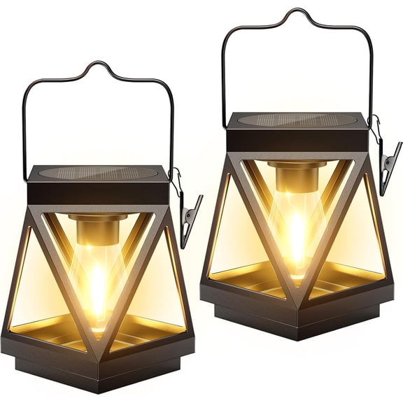 2 Pack Solar Lanterns Outdoor Waterproof, Upgraded Black Metal Hanging Solar Lights Outdoor Lanterns Decorative for Yard Patio Table Pathway Garden Decor