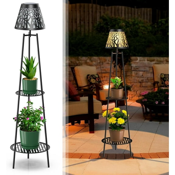 2 Pack Solar Lights Outdoor with Plant Stands, Solar Floor Lamp, Solar Powered Street Lights Metal Tripod Deck Lights, Patio Decor for Garden Yard Pathway Driveway Porch
