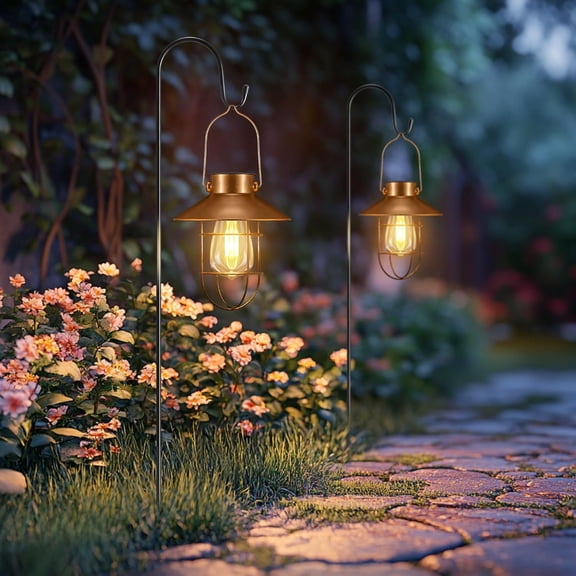 2 Pack Solar Lights Outdoor,  Solar Lanterns with Edison Bulb and 2 x 32 Inch Shepherd Hooks,  Landscape Lighting for Garden Patio Yard Pathway Driveway Lawn (Copper)