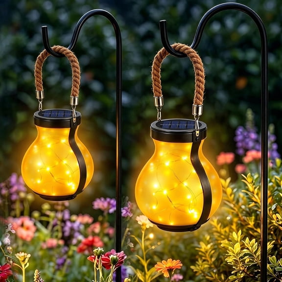 2 Pack Solar Lights Outdoor Waterproof, Round Solar Garden Lights with Hemp Rope Handle, Warm White Firefly Effect LED String Lanterns for Patio Lawn Decor, Gardening Gifts for Mom Women