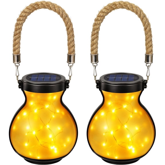 2 Pack Solar Lights Outdoor Waterproof, Round Solar Garden Lights with Hemp Rope Handle, Warm White Starburst Effect LED String Lights for Patio Lawn Decor, Gardening Gifts for Mom Women