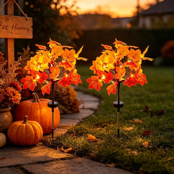 2 Pack Solar Maple Leaf Stake Lights, 33 Inch Outdoor Warm LED Fall Tree Pathway Lights, Waterproof Ambient Light for Garden Walkway Thanksgiving Yard Halloween Harvest Outdoor Lawn Decor