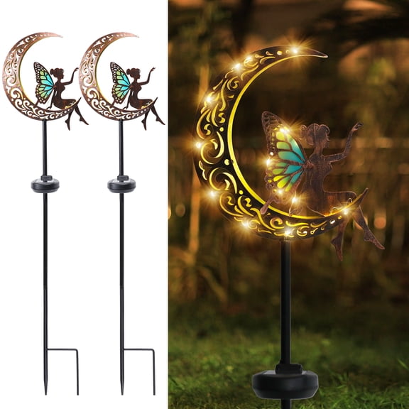 2-Pack Solar Moon & Fairy Garden Stakes – 34-Inch LED Metal Decor, Outdoor Yard Ornament, Whimsical Patio/Flower Bed Accent,Outdoor Decor