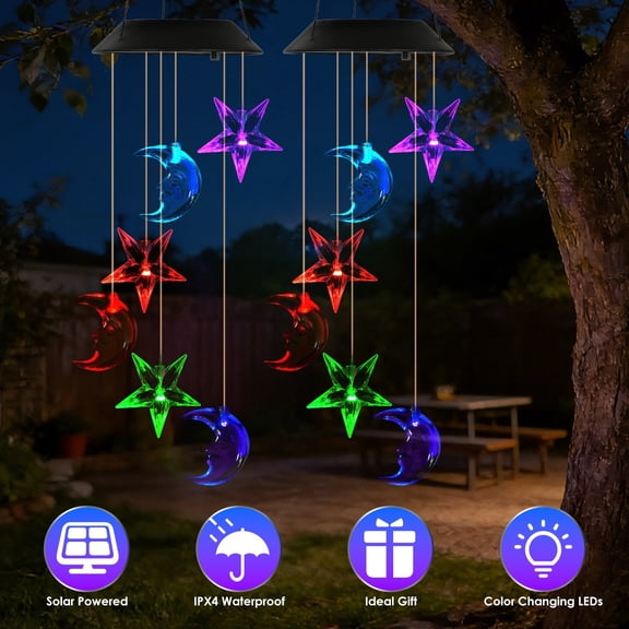 2 Pack Solar Moon and Star Wind Chimes for Outside 7 Color Changing IPX4 Waterproof Garden Yard Decor Gift for Women Mom Grandma Sister Best Gifts