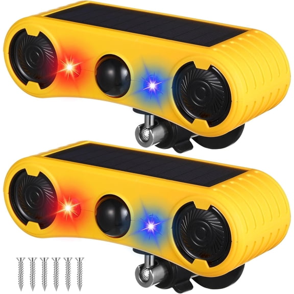 2-Pack Solar Motion Sensor Alarm 129dB, Strobe Light, 13 Sounds, 4 Modes, Outdoor Animal Deterrent Dog Barking Alarm for Garden Fence Wall Ground Mount