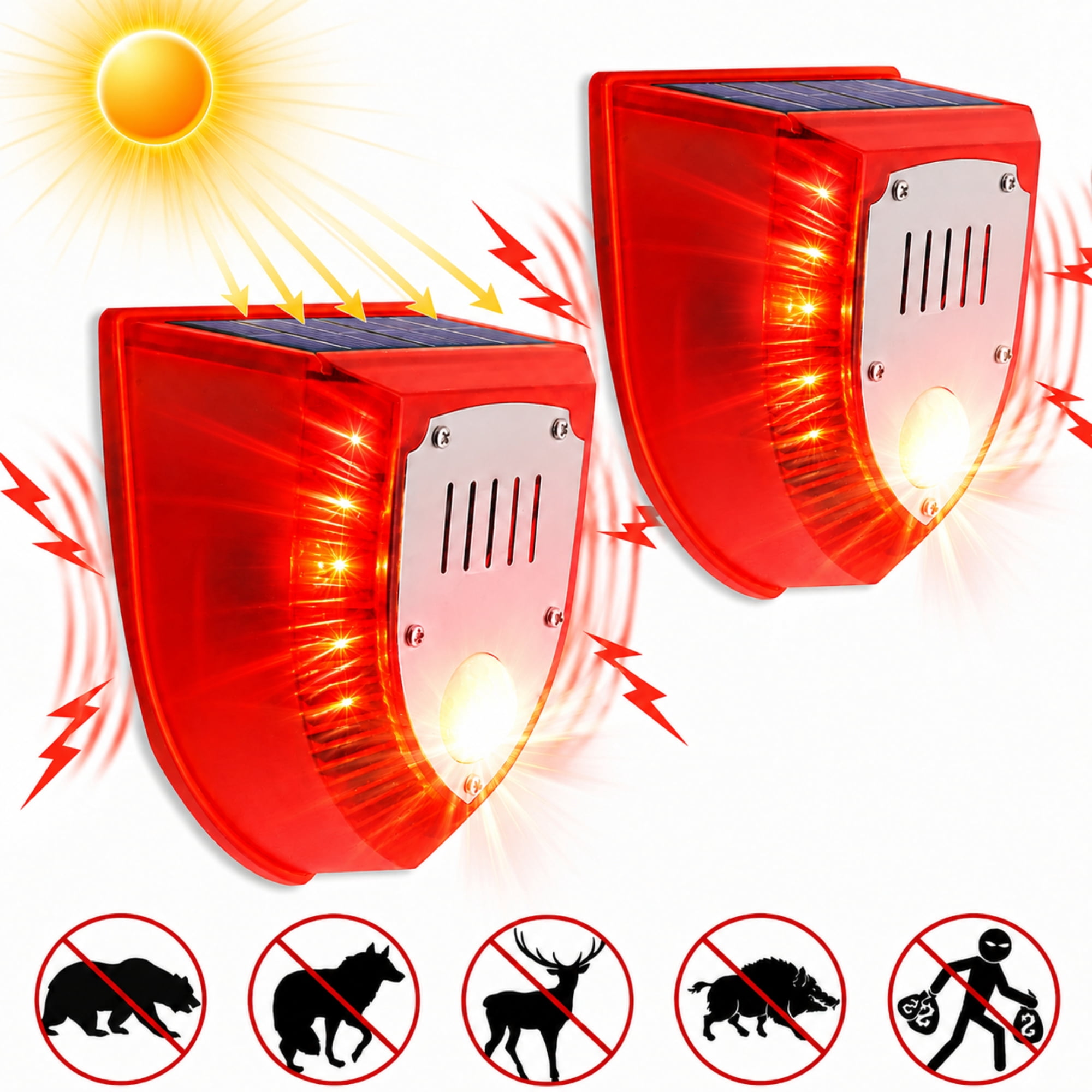 Pekwouc 2-Pack Solar Motion Sensor Alarm Light, 129dB Gunshot & Dog Barking Sound, IP65 Waterproof Outdoor Security Light with 6 LED Strobe for Yard, Farm, Barn  Solar Powered, Easy Install