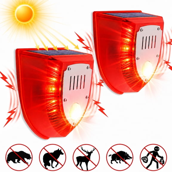 2-Pack Solar Motion Sensor Alarm Light, 129dB Gunshot & Dog Barking Sound, IP65 Waterproof Outdoor Security Light with 6 LED Strobe for Yard, Farm, Barn  Solar Powered, Easy Install