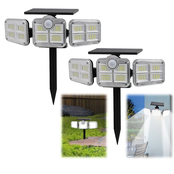 2-Pack Solar Motion Sensor Lights Outdoor 122 LEDs, 3-Head 3 Lighting Modes, High Sensitivity, Adjustable Wall & Ground Mount, Waterproof Security Light for Patio Yard Garage