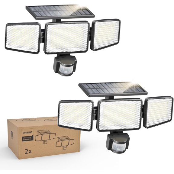 2 Pack Solar Motion Sensor Wall Lights, 3 Rotatable Heads Ultra Bright LED, Waterproof Outdoor Security Lights