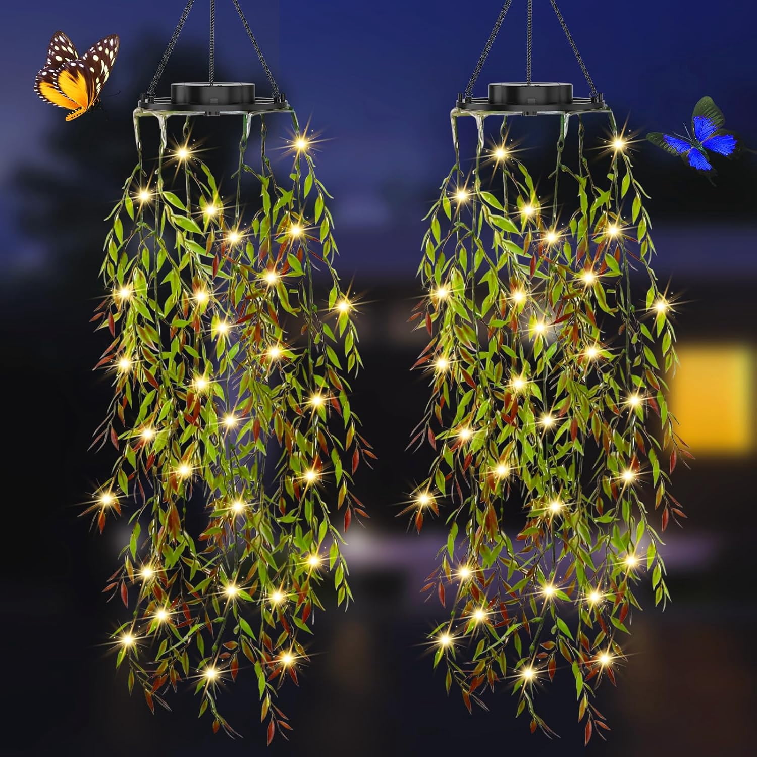 2 Pack Solar Outdoor Garden Lights - Hanging Fake Willow Leaf with 66 LED Fairy Lights, IP65 Waterproof Artificial Plants, Energy Class A+++, Ideal for Wedding, Patio, Yard, Porch, Courtyard