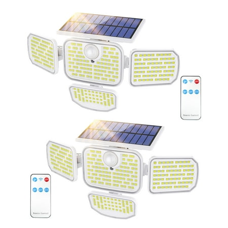 2 Pack Solar Outdoor Lights 286 LED 4 Heads Security Lights with Remote Control 300° Wide Angle Flood Wall Lights Motion Sensor Lights IP65 Waterproof with 3 Modes for Garden Fence Yard Deck
