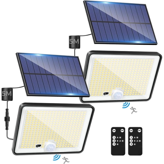 2 Pack Solar Outdoor Lights,342LED Motion Sensor Spotlights with Remote, IP65 Waterproof 3 Mode Solar Lamp for Yard Garden Garage