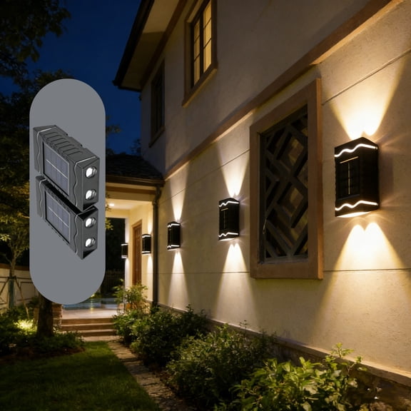 2 Pack Solar Outdoor Wall Lights, Up Down Solar Wall Sconce for Patio Fence, Decorative Solar Wall Washer Lights