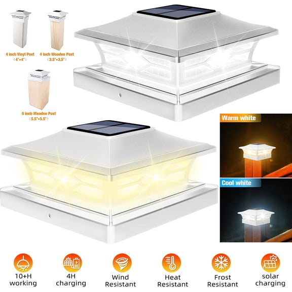 2 Pack Solar Post Cap Lights,4x4/6x6 Outdoor LED Fence Post Cap Lights,Wooden/Vinyl Posts Two Light Modes LED Warm/Cool White Decor for Garden Patio(White)