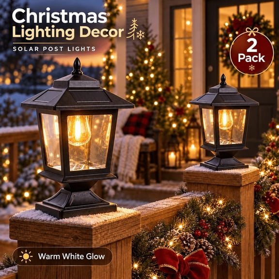 2 Pack Solar Post Cap Lights for 4x4 Wooden Posts, Outdoor Solar Fence Lights, IP44 Waterproof Glass Shade Post Lights for Deck, Patio, Garden & Christmas Holiday Decor, Matte Black, 1800mAh