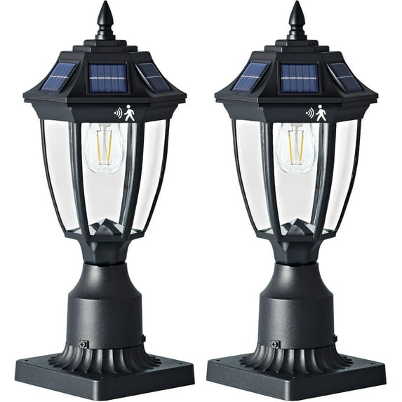 2 Pack Solar Post Lights Outdoor, Motion Sensor Outdoor Lamp Post Light with Pier Mount Base, Black Solar Lamp Post Lights Outdoor Waterproof for Garden Yard Pathway Pole Pillar