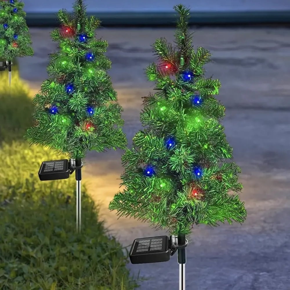 2-Pack Solar-Powered LED Artificial Christmas Trees, 120 LED Color Changing Mini Outdoor Holiday Decorations, Plastic Freestanding Festive Decor with Automatic Aaytime Charging for Pathway, Porch