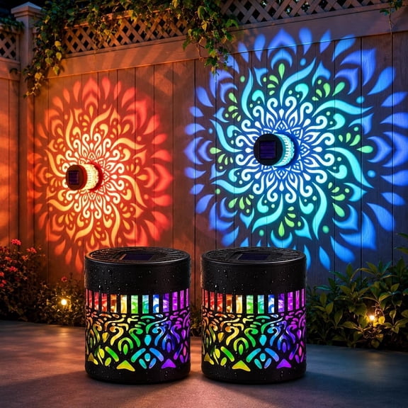 2 Pack Solar Powered Metal Fence Lights, Mandala Peacock Feather Pattern, 7 Color Changing Waterproof Outdoor LED Wall & Step Lights for Garden, Patio, Yard & Backyard Decor