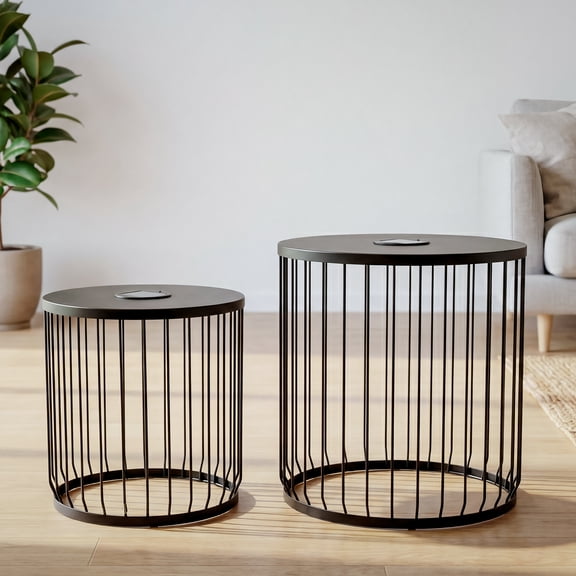 2-Pack Solar Powered Nesting Side Table Set, Modern Round End Tables with Solar LED Lights, Metal Wire Cage Accent Tables for Patio, Balcony, Garden, Matte Black