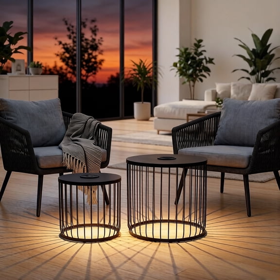 2-Pack Solar Powered Nesting Side Tables, Modern Round Metal End Tables with LED Lights, Matte Black Wire Cage Accent Tables for Outdoor Patio, Living Room, Balcony & Garden