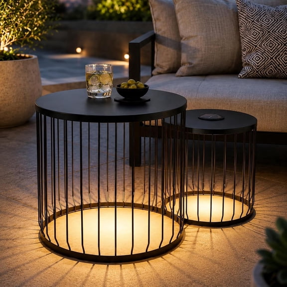 2-Pack Solar Powered Outdoor Side Tables with Warm LED Lights, Round Nesting End Tables, Matte Black Metal Wire Cage Patio Accent Table Set, Weather Resistant, No Assembly, for Balcony Porch