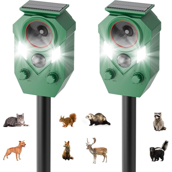 2-Pack Solar Powered Ultrasonic Animal Repeller, Outdoor Waterproof Deer Squirrel with Motion-Activated Sensor Strobe Light, for Cats, Raccoons, Skunks, Rabbits and More