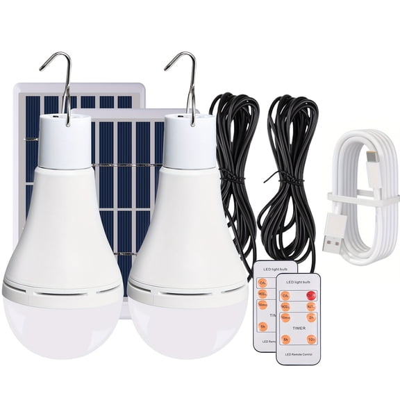 2-Pack Solar Rechargeable Smart Light Bulbs - Remote Timer 4-Mode 2000K-5000K Bulbs for Chicken Coop Camping Emergency
