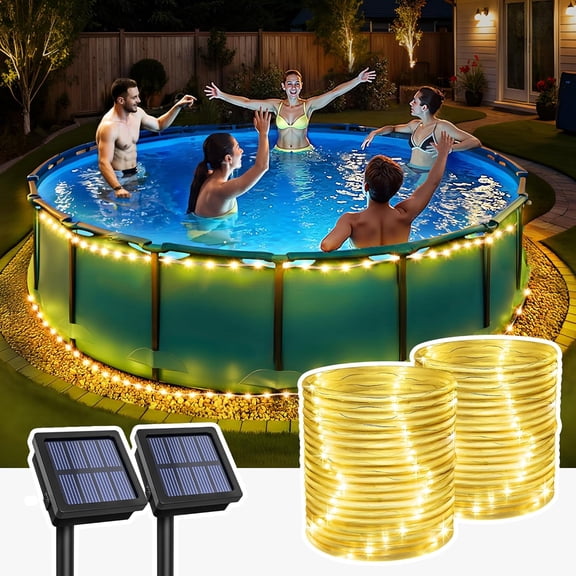2 Pack Solar Rope Lights Outdoor Waterproof, Total with 200 LEDs 71.4 FT 8 Modes, Pool Lights for Above Ground Pools, Outdoor Pool Decoration Accessories (Warm White)