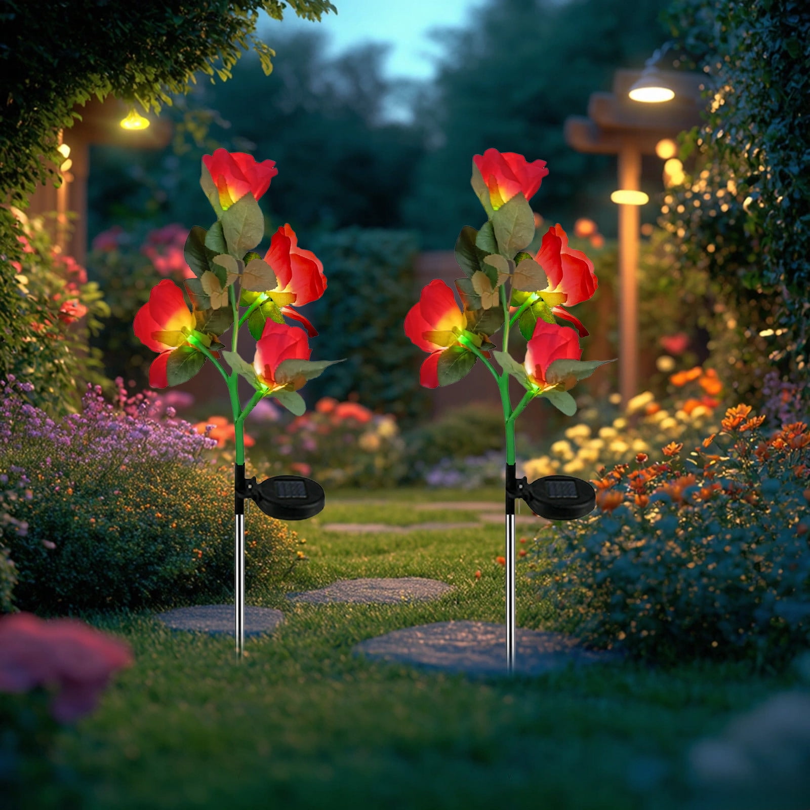 2-Pack Solar Rose Lights for Garden Decor | Outdoor Solar Powered LED Flower Lights with Stakes | Waterproof Landscape Lighting for Walkways, Patios, and Flower Beds