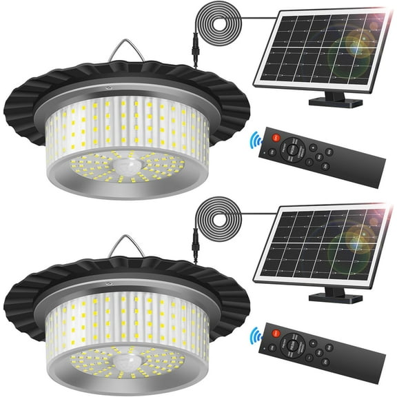 2-Pack Solar Shed Light Outdoor Indoor, 244 LED Solar Powered Pendant Light with Motion Sensor, Remote & Timer, IP65 Waterproof Lighting for Garage Barn Chicken Coop