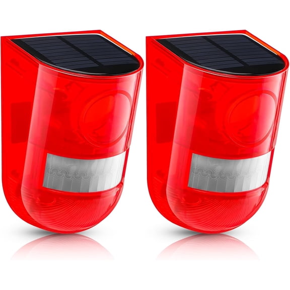 2 Pack Solar Sound and Light Alarm Motion Sensor 129db Outdoor Security Siren Waterproof Motion Activated Detector Alarm 6 LEDs Flash Warning Strobe System for Home, Farm (Red)