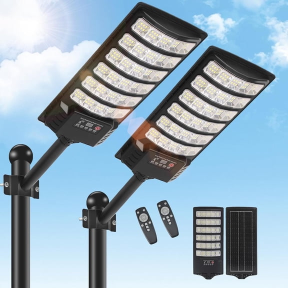 2 Pack Solar Street Light Outdoor 30000LM 6500K Motion Sensor LED Solar Flood Light with Remote Control Dusk to Commercial Area Lighting for Outside Parking Lot
