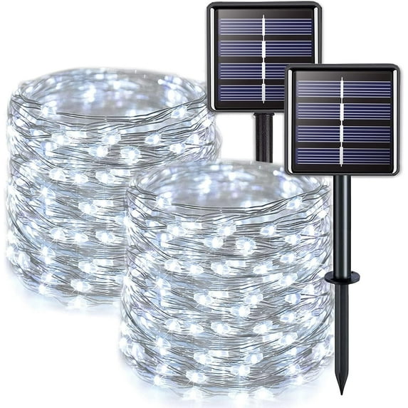 2 Pack Solar String Lights Outdoor Waterproof, Each 33FT 100 LED Solar Lights Outdoor, 8 Modes White Fairy Light for Outside Yard Tree Patio Garden Wedding Christmas Decorations