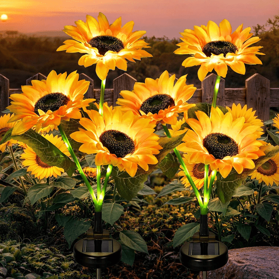 2 Pack Solar Sunflower Garden Lights, Outdoor Waterproof LED Stake Lights for Yard, Lawn, Patio, Pathway, Warm White Decorative Garden Lighting