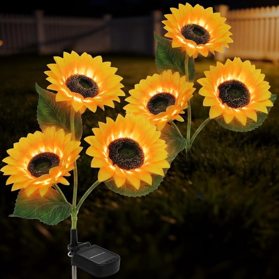 2 Pack Solar Sunflowers Outdoor 3 Heads Per Stem (6 Large Blooms Total), Lifelike Fake Flowers with Warm Night Glow, Poseable Stems, IP65 Waterproof, Sunflower Gifts for Women