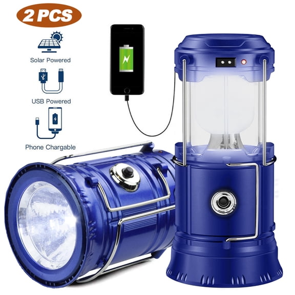 2 Pack Solar USB Rechargeable 3 AA Power Brightest COB LED Camping Lantern with Magnetic Base, Charging for Android, Waterproof Collapsible Emergency LED Light