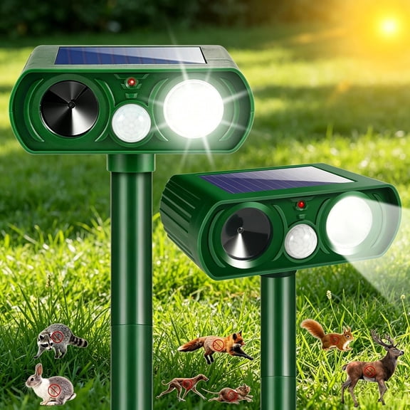 2-Pack Solar Ultrasonic Animal Repellent with Motion Sensor & Flashing Light, Outdoor Pest Deterrent for Deer, Cats, Rabbits, Squirrels, Raccoons - Protect Yard, Garden, Lawn