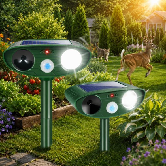 2-Pack Solar Ultrasonic Animal Repeller with Bright Strobe Flash & PIR Motion Sensor, Waterproof Outdoor Deterrent for Deer, Cats, Rabbits, Raccoons, Squirrels  Protect Garden, Yard